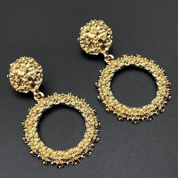 Yellow Gold Double Round Circular Textured Dangling Drop Post Back Earrings - Picture 1 of 10